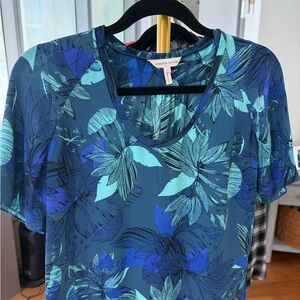 Rebecca Taylor Teal and Navy Floral Short Sleeve Top